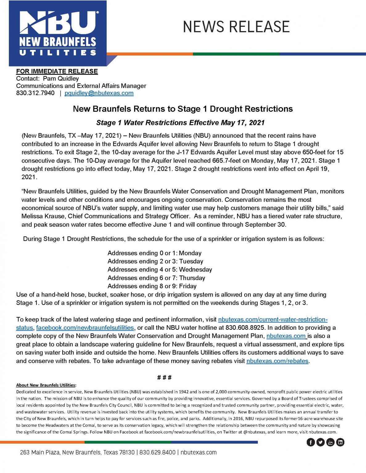 New Braunfels Returns to Stage 1 Drought Restrictions New Braunfels