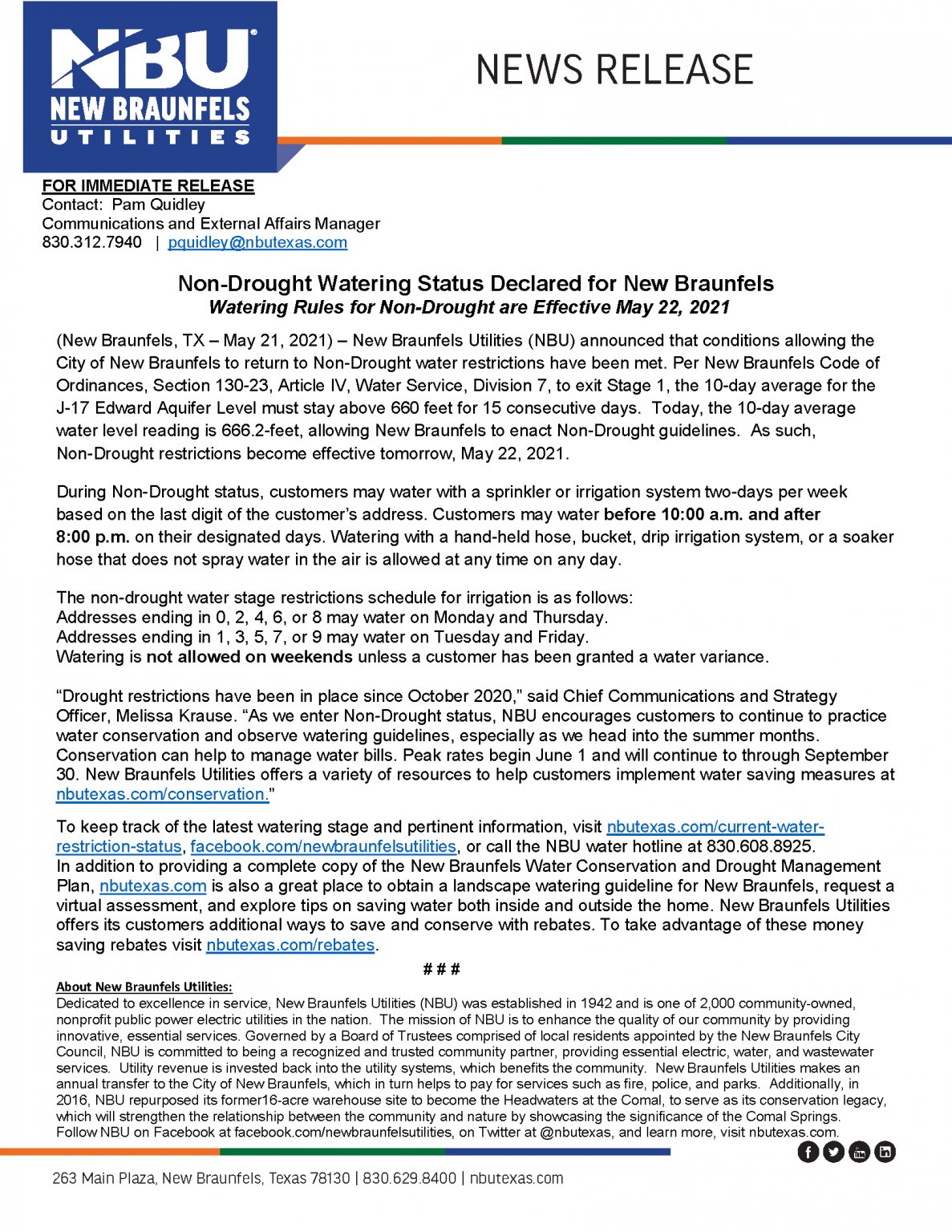 NonDrought Watering Status Declared for New Braunfels New Braunfels