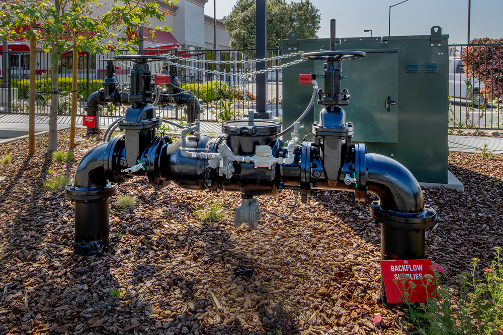A black backflow prevention device is installed outdoors on mulch, with valves, pipes, and a red sign reading "Backflow Services" nearby.