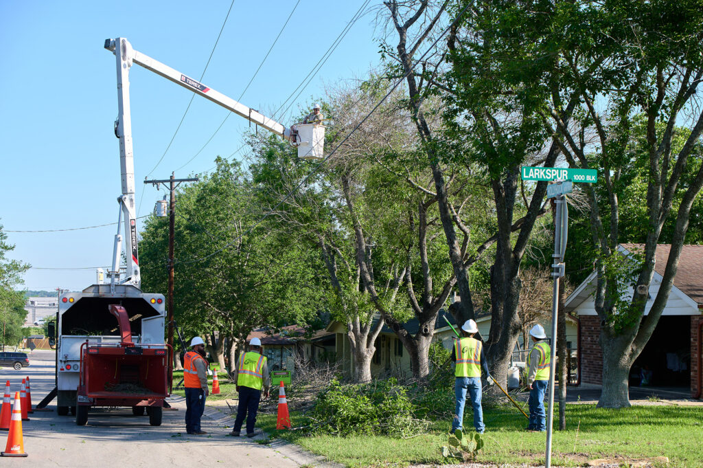 Utility workers trim tree branches near power lines using a bucket truck on a residential street corner marked Larkspur and 83rd St.