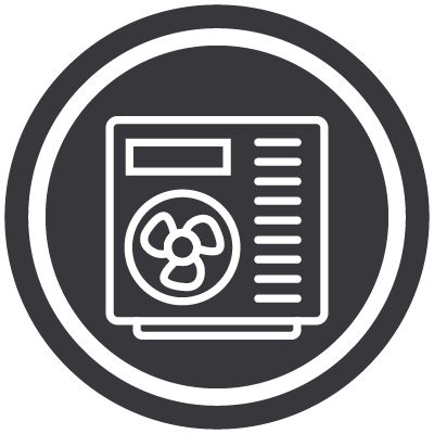 Black and white icon of an air conditioning unit with a circular fan and vent lines inside a double-ringed circle.