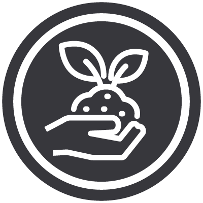 A white outline of a hand holding soil with a sprouting plant, inside a dark circle with a white border.