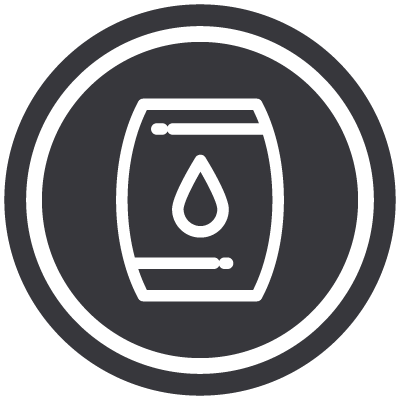 A black circle with a white outline contains a white barrel icon with a droplet symbol in the center, representing a liquid, likely oil or water.