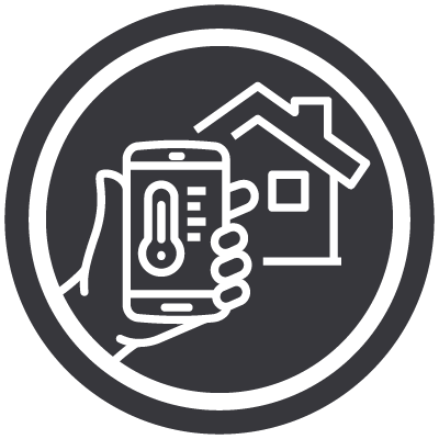 Icon of a hand holding a smartphone with a thermometer symbol, next to a house, representing smart home temperature control.