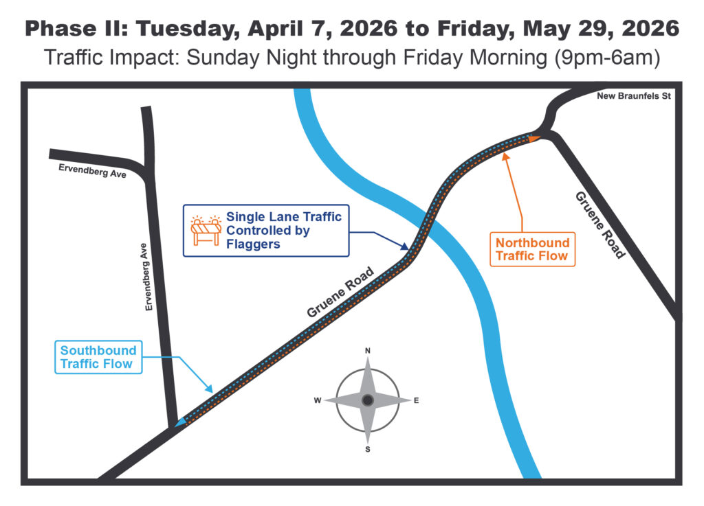 Map showing a traffic advisory for Grune Road with single lane traffic, flagger control, and designated northbound and southbound flows from April 7 to May 29, 2026, nightly 9pm–6am.
