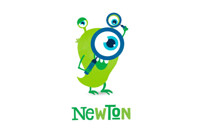 A green cartoon monster with three eyes holds a magnifying glass. The word 