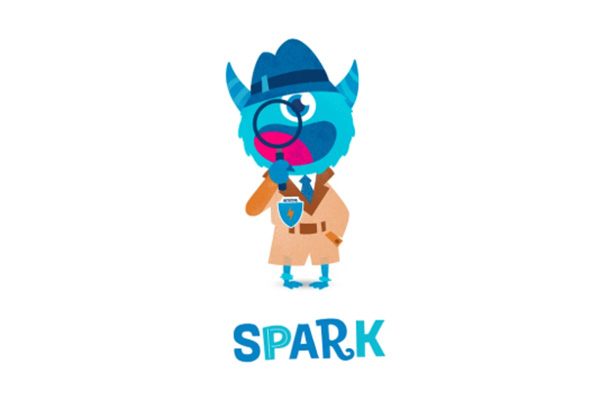 Blue cartoon creature wearing a hat and trench coat, holding a magnifying glass, with the word 