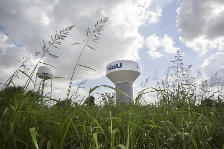 A water tower labeled 
