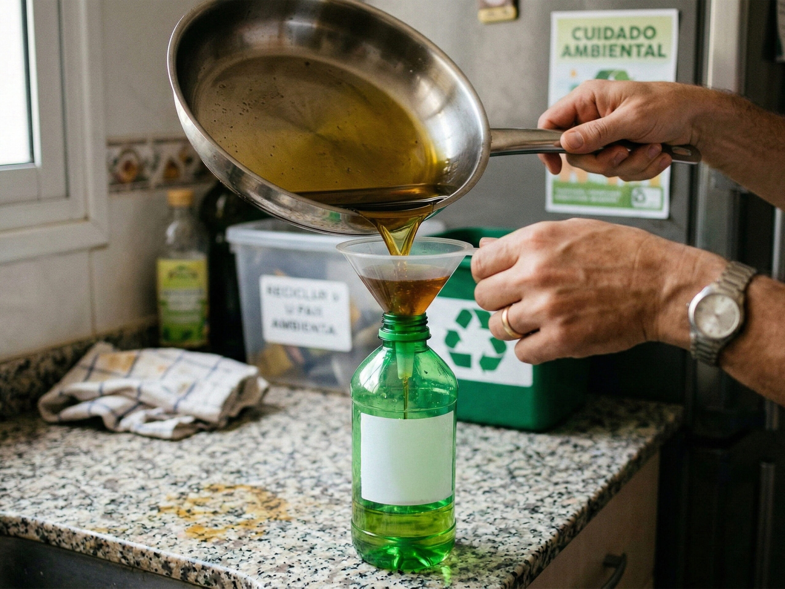 ng used cooking oil through funnel into plastic bottle for further environmentally friendly recycling process
